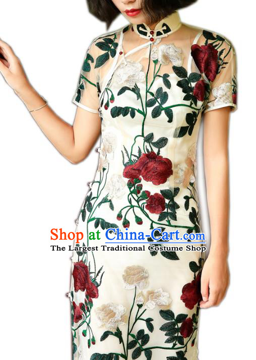 Chinese Traditional Embroidered Peony White Qipao Dress National Tang Suit Cheongsam Costumes for Women