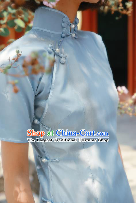 Chinese Traditional Blue Yarn Qipao Dress National Tang Suit Cheongsam Costumes for Women