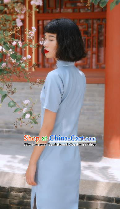 Chinese Traditional Blue Yarn Qipao Dress National Tang Suit Cheongsam Costumes for Women