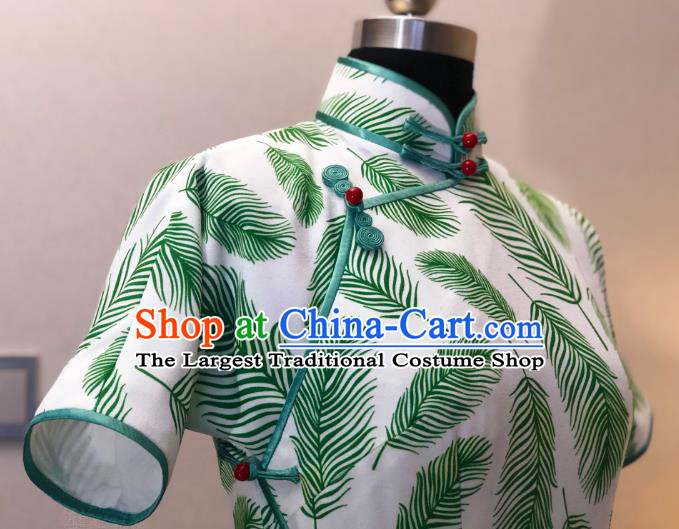 Chinese Traditional Printing Green Feather Qipao Dress National Tang Suit Cheongsam Costumes for Women