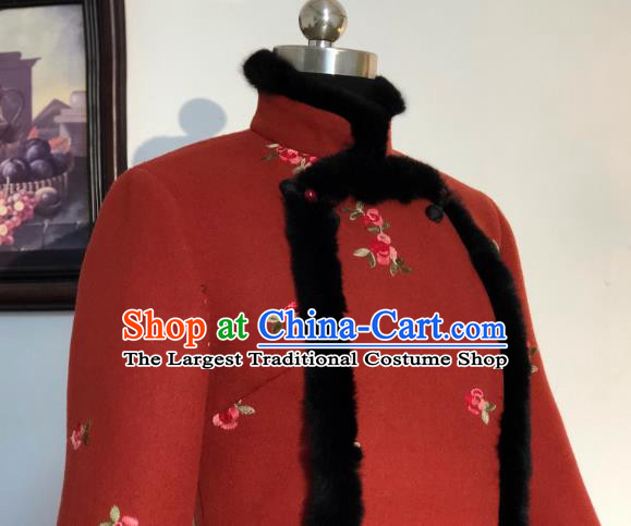 Chinese Traditional Winter Rust Red Woolen Coat National Tang Suit Overcoat Costumes for Women