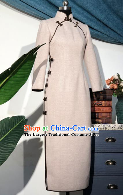 Chinese Traditional Beige Woolen Qipao Dress National Tang Suit Cheongsam Costumes for Women