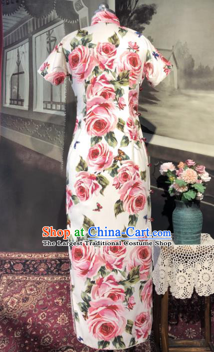 Chinese Traditional Printing Roses White Qipao Dress National Tang Suit Cheongsam Costumes for Women