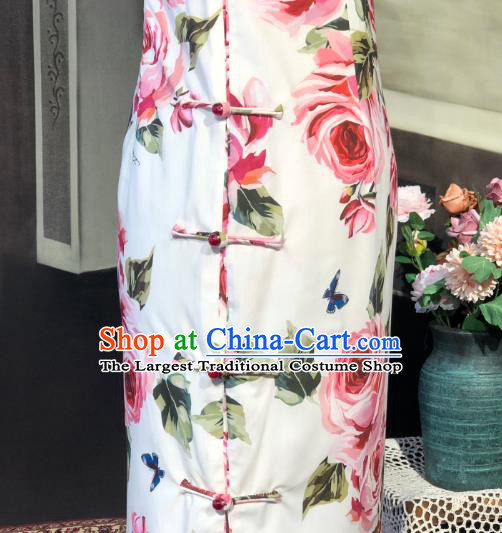 Chinese Traditional Printing Roses White Qipao Dress National Tang Suit Cheongsam Costumes for Women