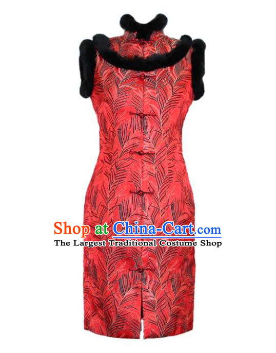 Chinese Traditional Winter Red Vest Qipao Dress National Tang Suit Cheongsam Costumes for Women
