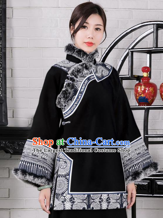Chinese Traditional Winter Black Woolen Coat National Tang Suit Overcoat Costumes for Women