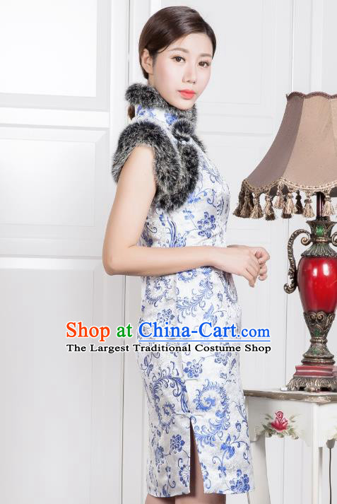 Chinese Traditional Printing White Silk Sleeveless Qipao Dress National Tang Suit Cheongsam Costumes for Women