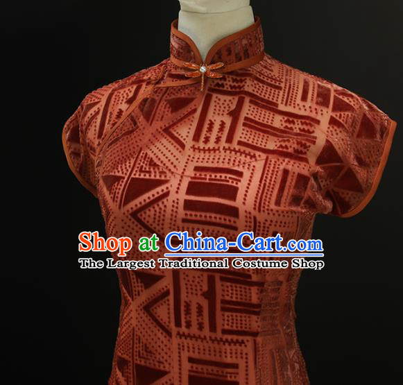 Chinese Traditional Rust Red Velvet Qipao Dress National Tang Suit Cheongsam Costumes for Women
