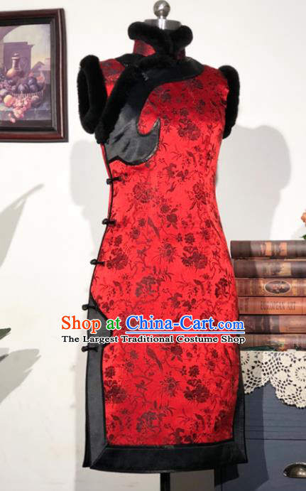 Chinese Traditional Tang Suit Red Brocade Long Vest National Waistcoat Upper Outer Garment Costumes for Women