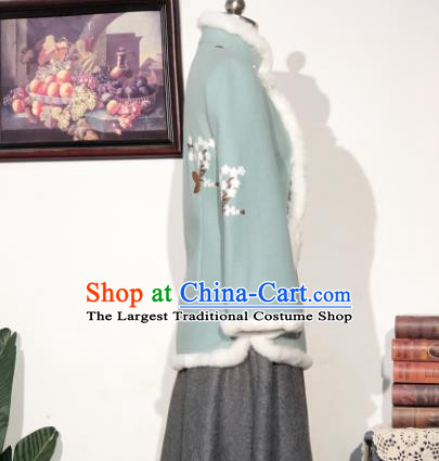 Chinese Traditional Winter Light Green Woolen Coat National Tang Suit Overcoat Costumes for Women