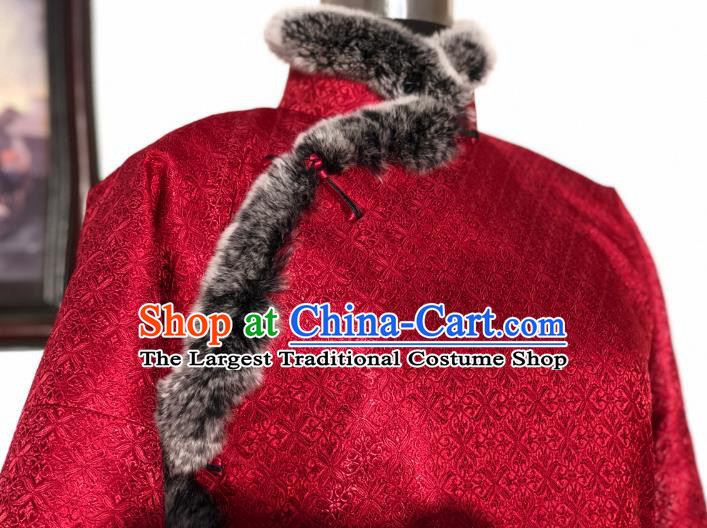 Chinese Traditional Winter Red Coat National Tang Suit Overcoat Costumes for Women