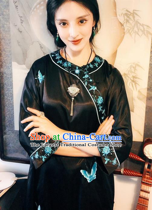 Chinese Traditional Embroidered Butterfly Black Qipao Dress National Tang Suit Cheongsam Costumes for Women