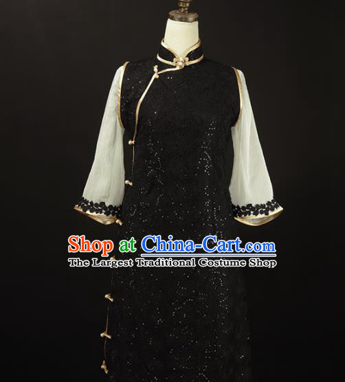 Chinese Traditional Black Lace Qipao Dress National Tang Suit Cheongsam Costumes for Women
