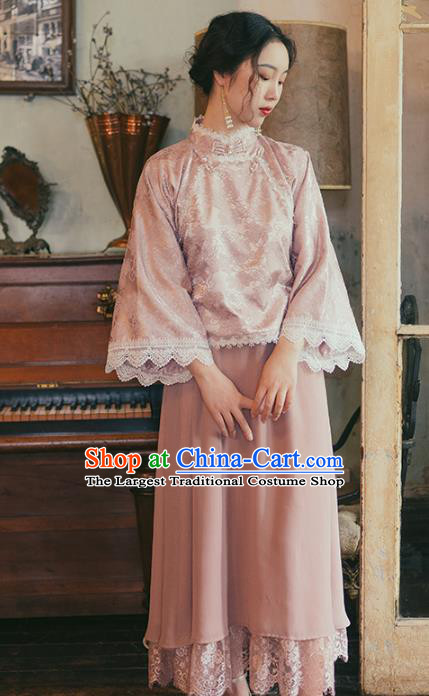 Chinese Traditional Tang Suit Pink Shirt and Skirt National Tang Suit Costumes for Women