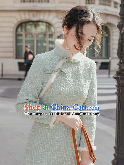 Chinese Traditional Winter Retro Light Green Qipao Dress National Tang Suit Cheongsam Costumes for Women