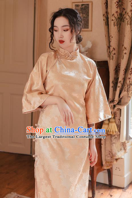 Chinese Traditional Retro Champagne Silk Qipao Dress National Tang Suit Cheongsam Costumes for Women