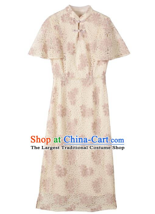 Chinese Traditional Retro Beige Qipao Dress National Tang Suit Cheongsam Costumes for Women