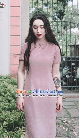 Chinese Traditional Pink Short Qipao Dress National Tang Suit Cheongsam Costumes for Women