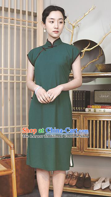 Republic of China Traditional Deep Green Qipao Dress Chinese National Tang Suit Cheongsam Costumes for Women