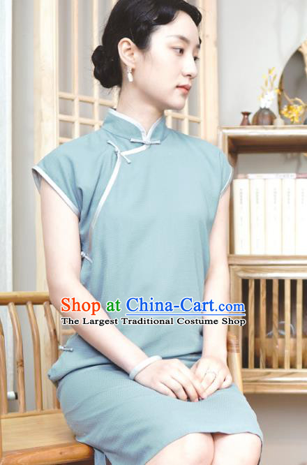 Republic of China Traditional Lake Blue Qipao Dress Chinese National Tang Suit Cheongsam Costumes for Women