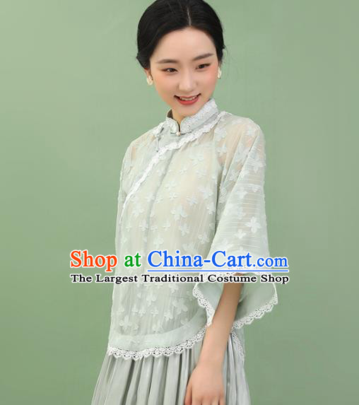 Chinese Traditional Tang Suit Light Green Blouse National Shirt Upper Outer Garment Costumes for Women