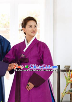 Korean Traditional Bride Hanbok Purple Blouse and Blue Dress Garment Asian Korea Fashion Costume for Women