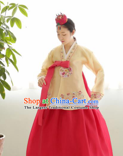Korean Traditional Wedding Bride Hanbok Yellow Blouse and Pink Dress Garment Asian Korea Fashion Costume for Women