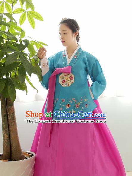Korean Traditional Wedding Bride Hanbok Blue Blouse and Rosy Dress Garment Asian Korea Fashion Costume for Women