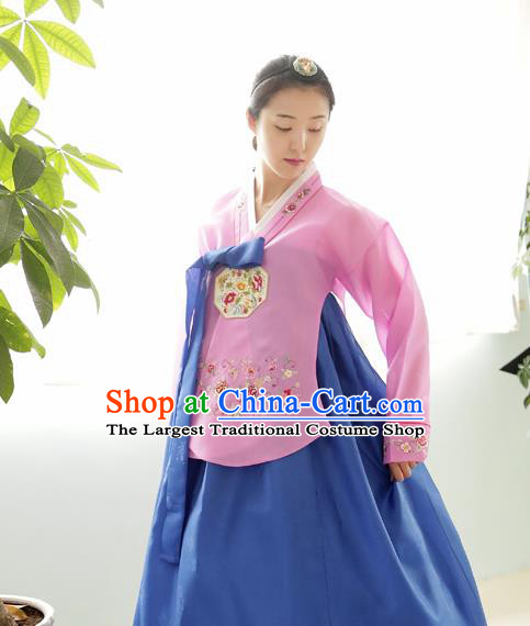 Korean Traditional Wedding Bride Hanbok Pink Blouse and Blue Dress Garment Asian Korea Fashion Costume for Women