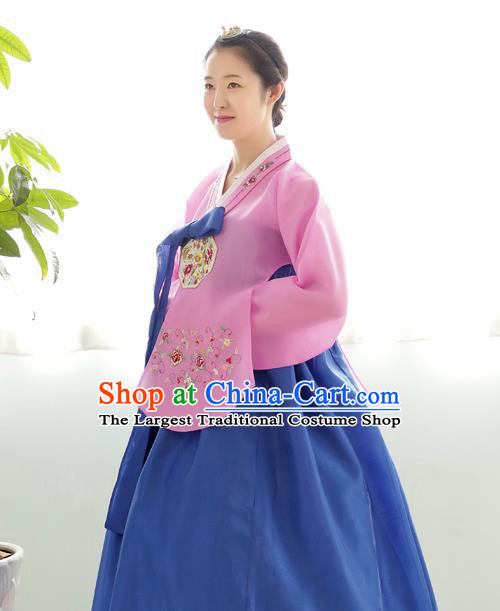 Korean Traditional Wedding Bride Hanbok Pink Blouse and Blue Dress Garment Asian Korea Fashion Costume for Women