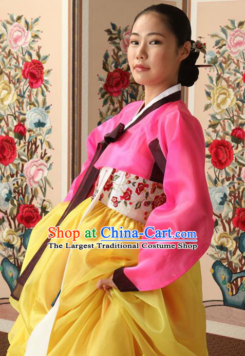 Korean Traditional Court Queen Hanbok Pink Blouse and Yellow Dress Garment Asian Korea Fashion Costume for Women
