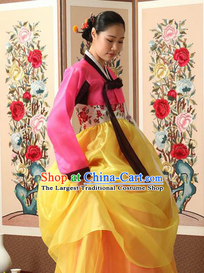 Korean Traditional Court Queen Hanbok Pink Blouse and Yellow Dress Garment Asian Korea Fashion Costume for Women