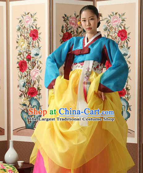 Korean Traditional Court Queen Hanbok Blue Blouse and Yellow Dress Garment Asian Korea Fashion Costume for Women
