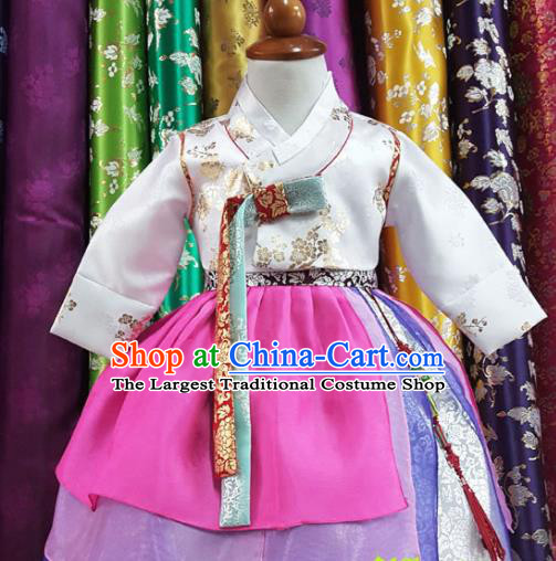 Korean Traditional Girls Birthday Hanbok White Blouse and Rosy Dress Garment Asian Korea Fashion Costume for Kids