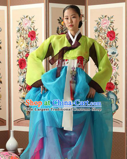 Korean Traditional Court Queen Hanbok Green Blouse and Blue Dress Garment Asian Korea Fashion Costume for Women