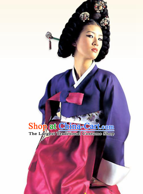 Korean Traditional Dance Hanbok Purple Blouse and Rosy Dress Garment Asian Korea Fashion Costume for Women