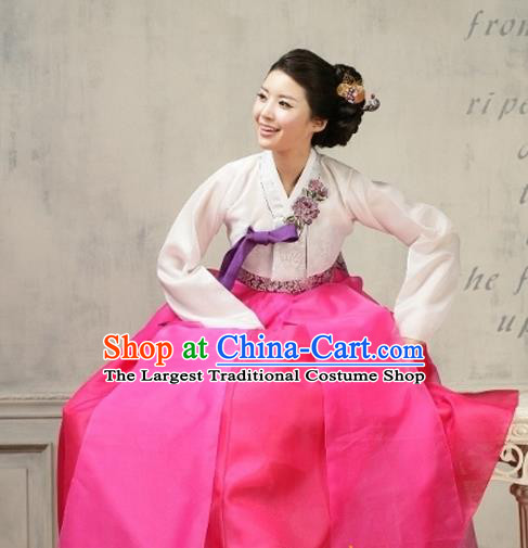 Korean Traditional Dance Hanbok White Blouse and Rosy Dress Garment Asian Korea Fashion Costume for Women