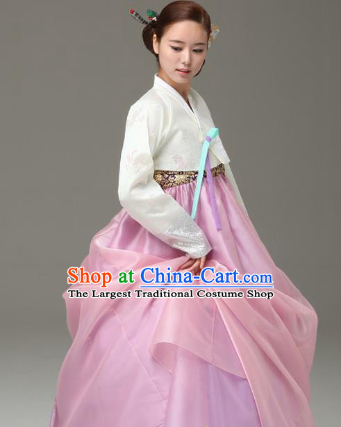 Korean Traditional Dance Hanbok White Blouse and Pink Dress Garment Asian Korea Fashion Costume for Women