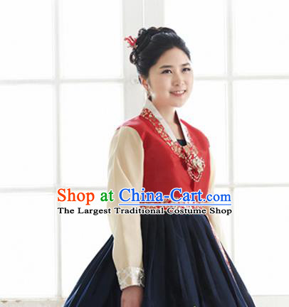 Korean Traditional Court Hanbok Red Blouse and Navy Dress Garment Asian Korea Fashion Costume for Women