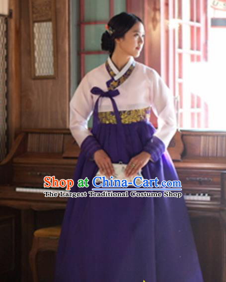 Korean Traditional Court Hanbok White Blouse and Purple Dress Garment Asian Korea Fashion Costume for Women
