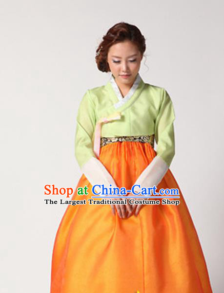 Korean Traditional Court Hanbok Green Satin Blouse and Orange Dress Garment Asian Korea Fashion Costume for Women