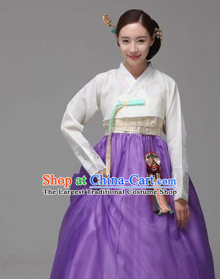 Korean Traditional Court Hanbok White Satin Blouse and Purple Dress Garment Asian Korea Fashion Costume for Women