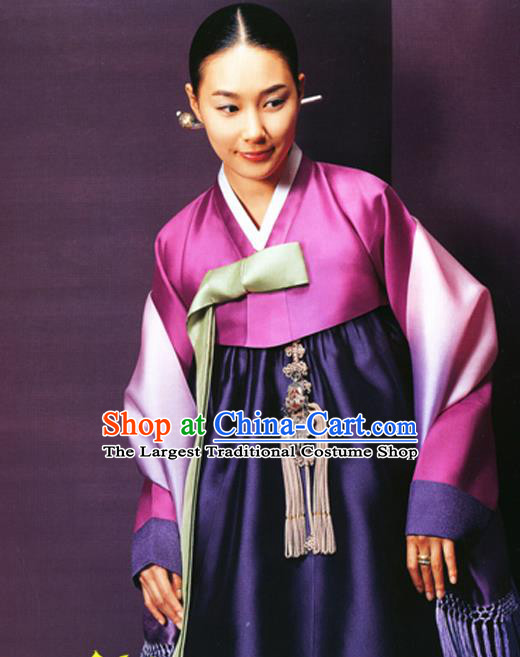 Korean Traditional Court Hanbok Rosy Satin Blouse and Navy Dress Garment Asian Korea Fashion Costume for Women