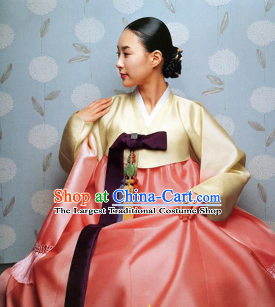 Korean Traditional Court Hanbok Yellow Satin Blouse and Orange Dress Garment Asian Korea Fashion Costume for Women