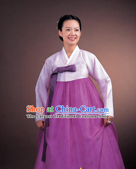 Korean Traditional Court Hanbok Lilac Satin Blouse and Purple Dress Garment Asian Korea Fashion Costume for Women