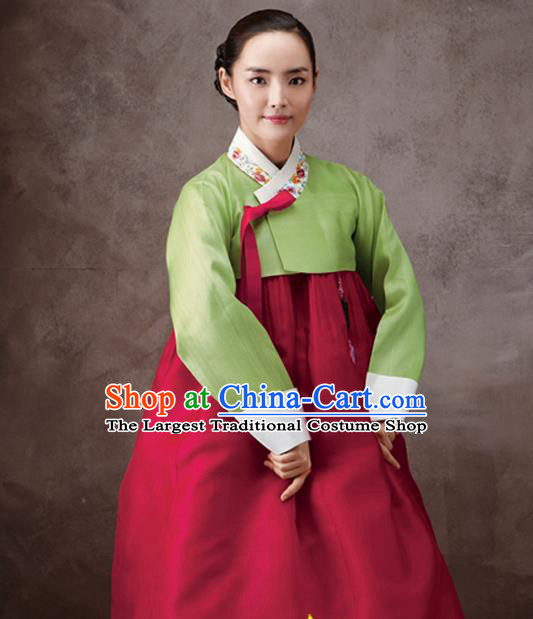 Korean Traditional Court Hanbok Green Satin Blouse and Wine Red Dress Garment Asian Korea Fashion Costume for Women