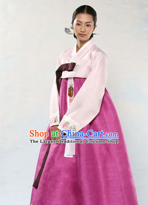 Korean Traditional Court Hanbok Pink Satin Blouse and Rosy Dress Garment Asian Korea Fashion Costume for Women