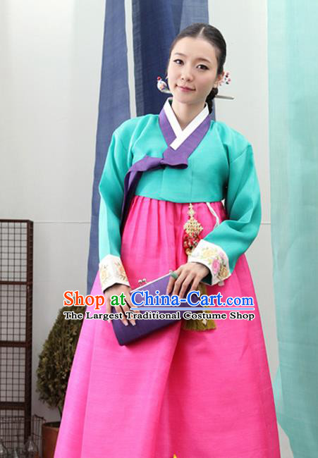 Korean Traditional Mother Hanbok Green Blouse and Rosy Dress Garment Asian Korea Fashion Costume for Women