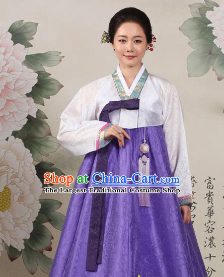 Korean Traditional Mother Hanbok White Blouse and Purple Dress Garment Asian Korea Fashion Costume for Women