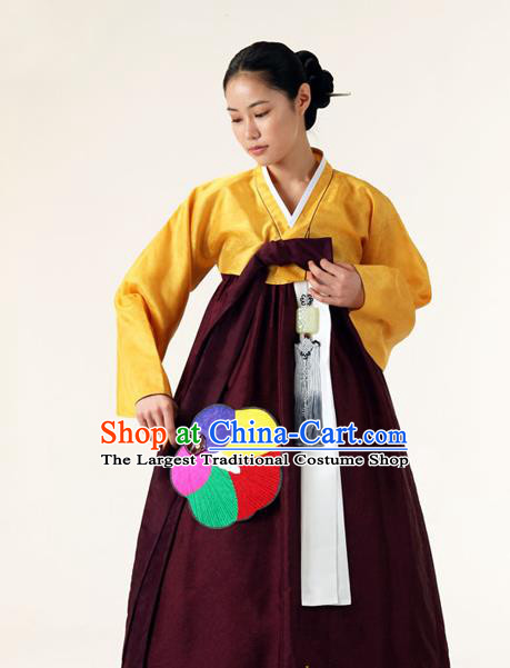 Korean Traditional Court Hanbok Yellow Blouse and Purplish Red Dress Garment Asian Korea Fashion Costume for Women